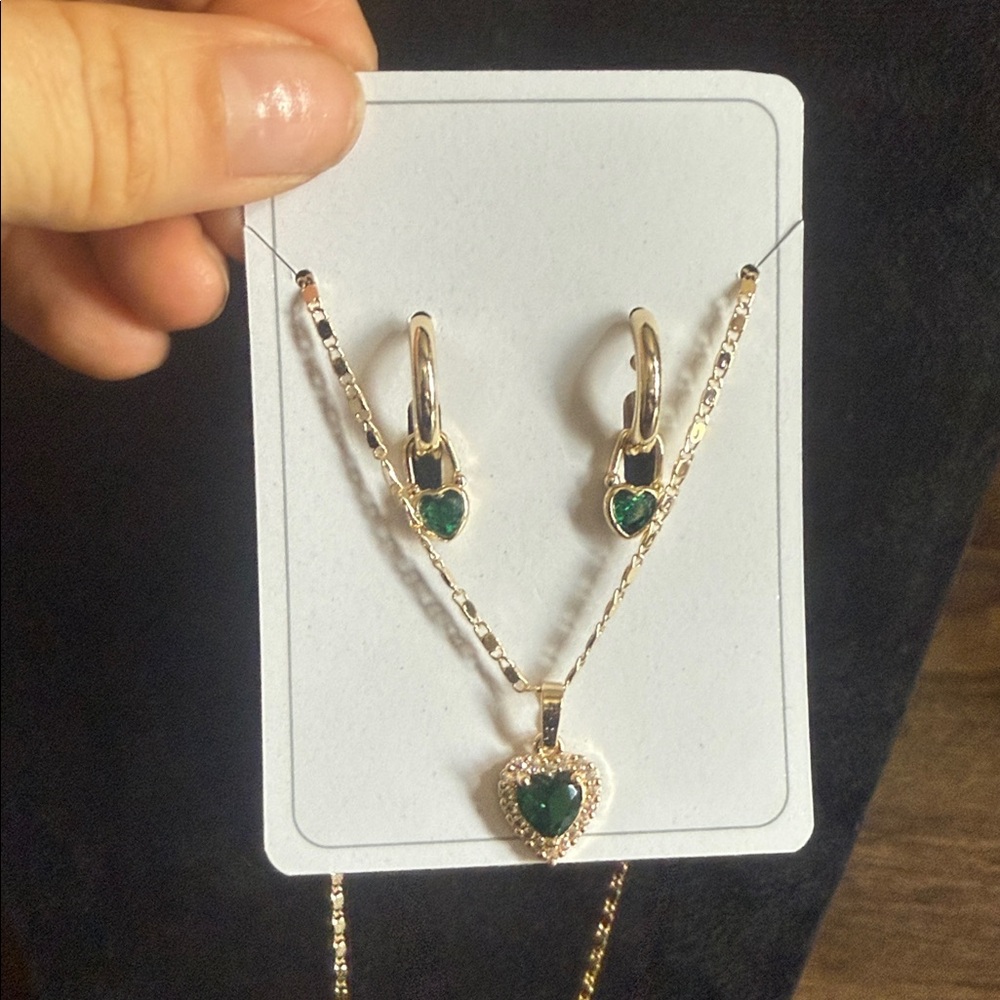 Elegant 14K Gold Plated Green Lock Huggie Heart Jewelry Set Earrings Necklace